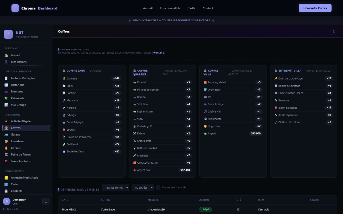 Coffres & Inventaire : Chroma Dashboard