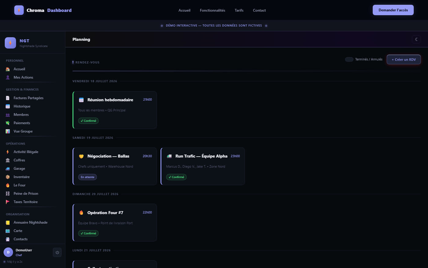 Planning & Disponibilités : Chroma Dashboard